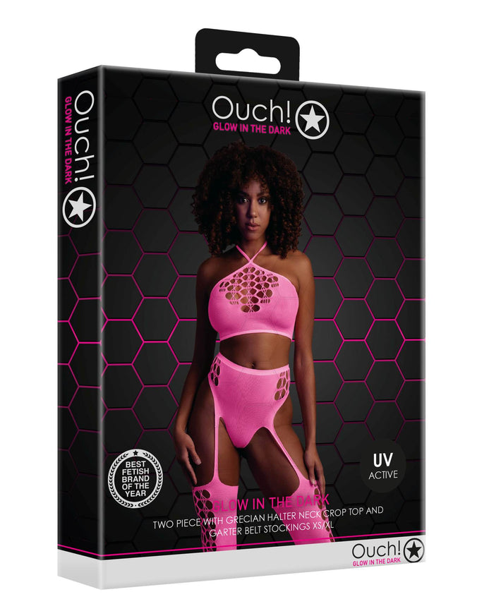 Set cu bustiera, chilot, portjartier și dres - compleu elegant XS-XL (one size), roz neon